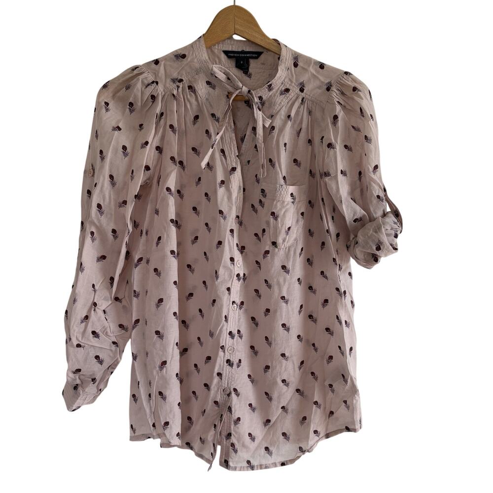 French Connection Long Sleeve Button Down Pink Feather Roll Tab Sleeves Size 6